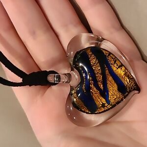 Glass heart gold and blue with black suede cord